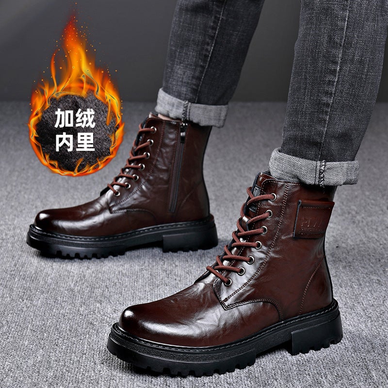 Genuine Leather Martin Boots High-Top British Retro Trendy Casual Soft Leather Boots Fleece-Lined Thick Bottom Side Zipper Overalls Boots - Image 3