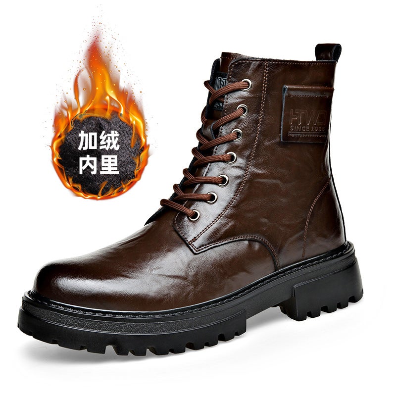 Genuine Leather Martin Boots High-Top British Retro Trendy Casual Soft Leather Boots Fleece-Lined Thick Bottom Side Zipper Overalls Boots - Image 1