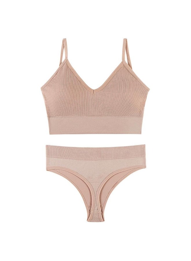 Cotton Female Underwear Set Short skin care kits Ribbed Brassiere Sexy Thong Low Waist Panties Women Seamless Bra Lingerie Set 