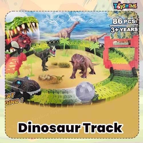 Toyshine Dinosaur Race Tracks for Kids | Dinosaur World Road Race Car Track with Flexible Train Track Playset Gift for Birthday | Educational Learning Track Toy (Dinosaur Race Track Set 86 Pcs) - Image 2