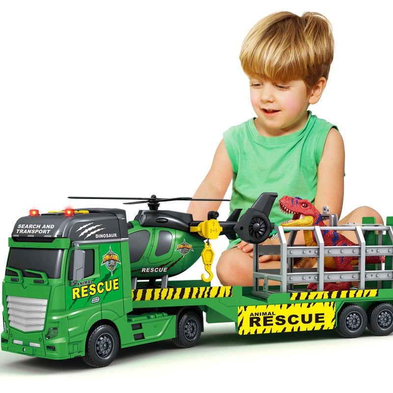 Bstoyder Toddler Boy Toys for 3 4 5 6 7 Years Kids 23 Semi Flatbed Truck Toy with a Dinosaure Truck Friction Powered Vehicles Toys with Lights and Sounds Birthday for Boy Girls - Image 3