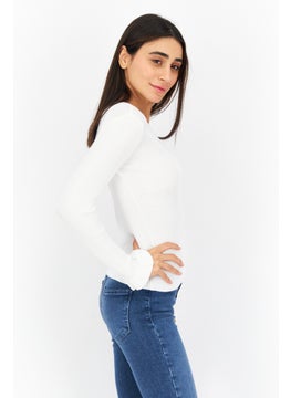 T Tahari Women Crew Neck Long Sleeve Textured Top, White  - Image 3