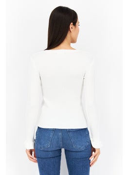 T Tahari Women Crew Neck Long Sleeve Textured Top, White  - Image 2