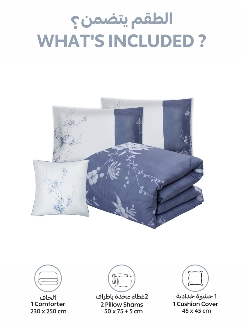 Donetella Bedding Comforter Set, King Size 250x230cm - 4-Pcs Digital Print Quilted Bed Set, Microfiber Fabric - 1 Comforter, 2 Pillow Shams,1 Cushion Cover.