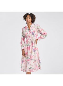 FAV All-Over Floral Print Midi Shirt Dress with Shirred Detail and Long Sleeves  - Image 1