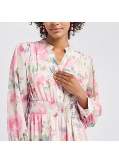 FAV All-Over Floral Print Midi Shirt Dress with Shirred Detail and Long Sleeves  - Image 4