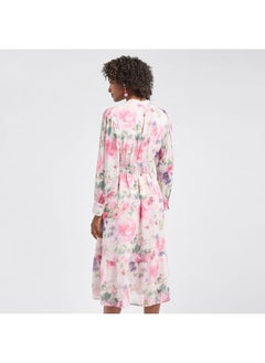 FAV All-Over Floral Print Midi Shirt Dress with Shirred Detail and Long Sleeves  - Image 3