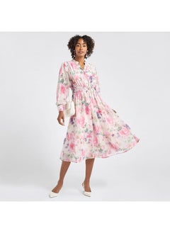 FAV All-Over Floral Print Midi Shirt Dress with Shirred Detail and Long Sleeves  - Image 2