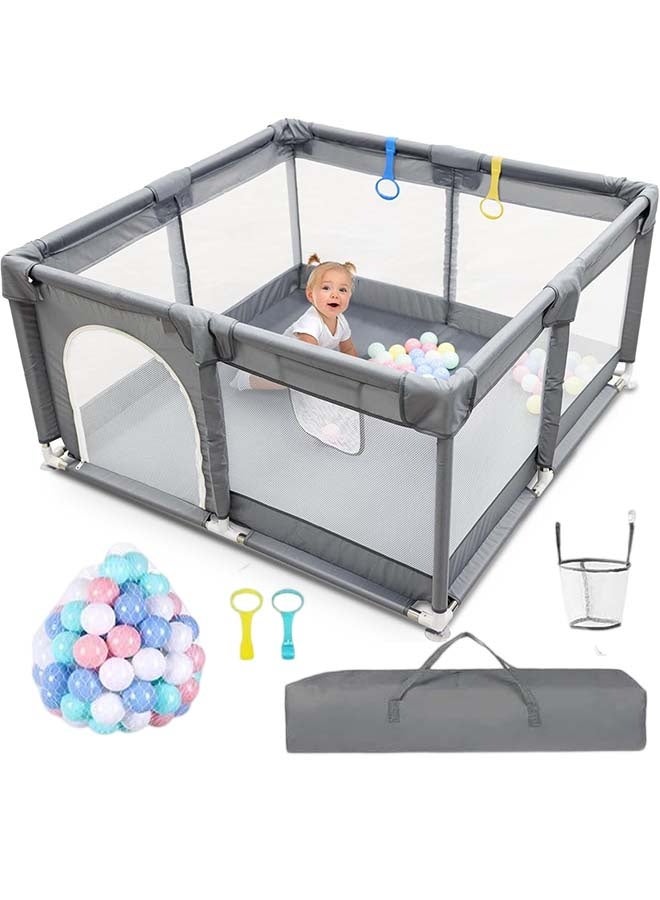 بيوينتي سياج لعب للأطفال، حديقة لعب كبيرة الحجم إضافية بمقاس 120×120 سم للرضع والأطفال الصغار، مركز نشاط قوي مضاد للسقوط مع شبكة تنفس وباب بسحاب، قاعدة مضادة للانزلاق بكؤوس شفط - مع 40 قطعة من كرات المحيط و 2 مقابض - Image 1