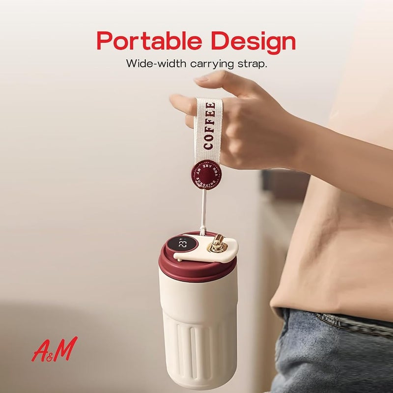 A.M A&M Insulated Coffee Cup - Stainless Steel with Temperature Display, Seal Leak-Proof Lid, 5-Layer Heat Locking, Drinking Cap, Scratch-Resistant, Portable Travel Mug with Silicone Base (Red) - Image 4