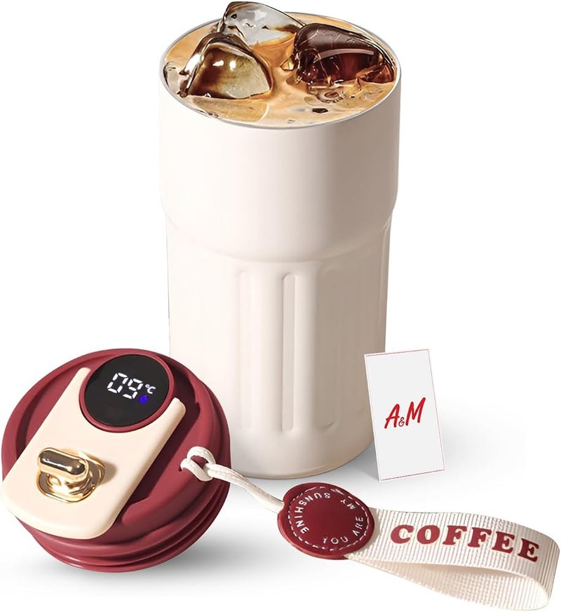 A.M A&M Insulated Coffee Cup - Stainless Steel with Temperature Display, Seal Leak-Proof Lid, 5-Layer Heat Locking, Drinking Cap, Scratch-Resistant, Portable Travel Mug with Silicone Base (Red) - Image 1