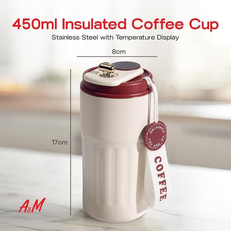 A.M A&M Insulated Coffee Cup - Stainless Steel with Temperature Display, Seal Leak-Proof Lid, 5-Layer Heat Locking, Drinking Cap, Scratch-Resistant, Portable Travel Mug with Silicone Base (Red) - Image 2