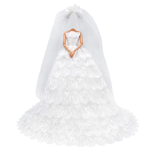 E-TING White Gorgeous Long Wedding Dress Princess Gown Clothes with Veil for 11.5 inch Dolls（Doll Not Included） - Image 5