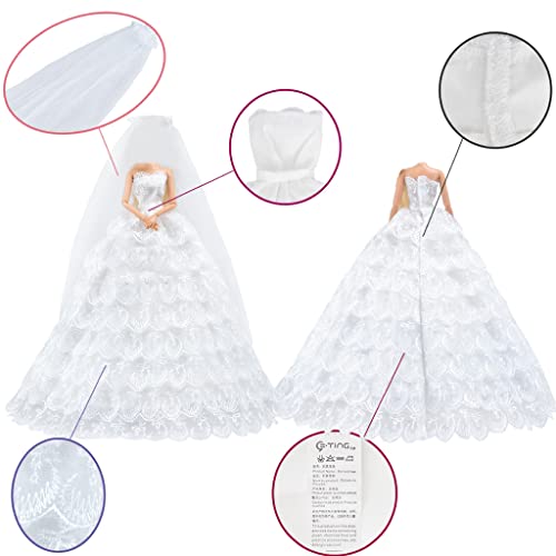 E-TING White Gorgeous Long Wedding Dress Princess Gown Clothes with Veil for 11.5 inch Dolls（Doll Not Included） - Image 4