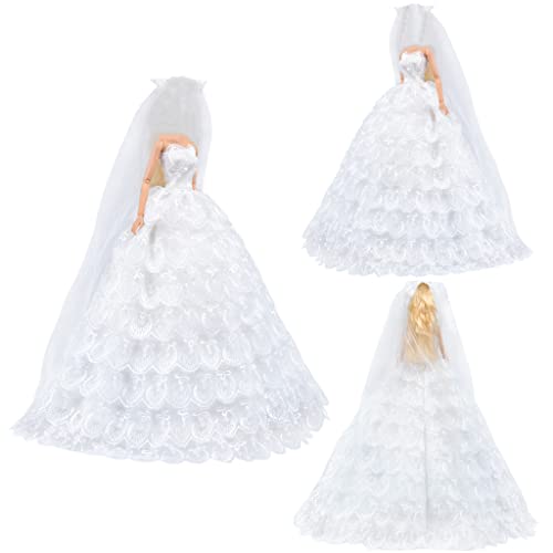 E-TING White Gorgeous Long Wedding Dress Princess Gown Clothes with Veil for 11.5 inch Dolls（Doll Not Included） - Image 3