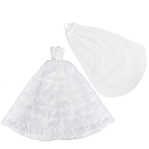 E-TING White Gorgeous Long Wedding Dress Princess Gown Clothes with Veil for 11.5 inch Dolls（Doll Not Included） - Image 2