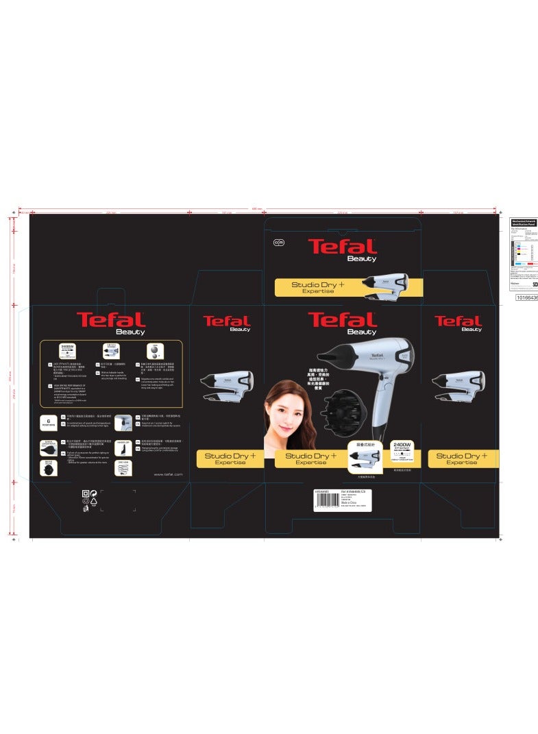 Tefal Studio Dry+ Foldable Hair Dryer 1900W HV5464 with Ionic Technology, 6 Speed/Heat Settings, Cool Shot & Diffuser – White/Grey - Image 3