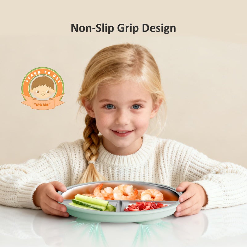 Bakpoco Stainless Steel Suction Plates for Toddlers, 9" Divided Kids Baby Plates with Removable Silicone Suction, Non Toxic Non Slip Portion Control Snack Dishes 3 Packs, Blue Gray Sage - Image 4