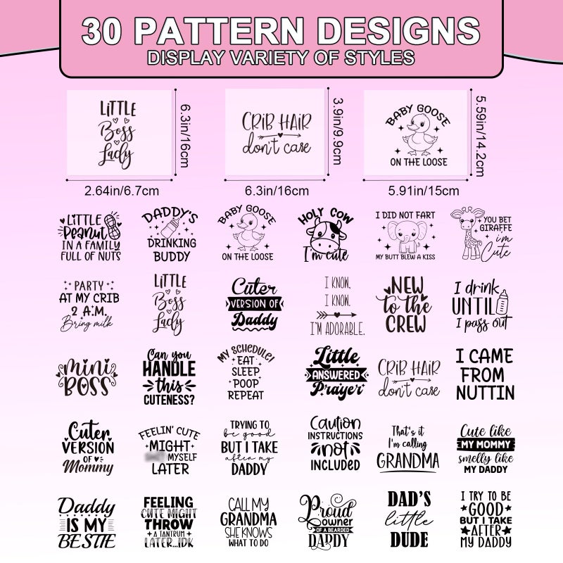 Shejdgart Dtf Transfers Ready to Press - 30 Pcs Baby Shower Iron on Patches for Bibs Baby Bodysuit, Black Funny Quotes Iron on Stickers Cute Heat Transfer Vinyl Decals for DIY Fabric Clothes Decor - Image 2