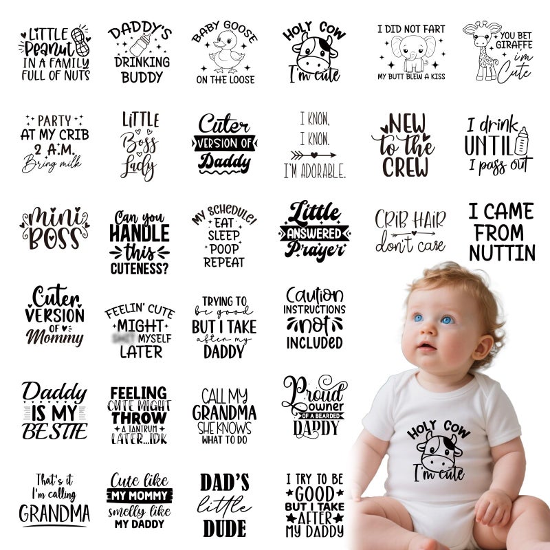Shejdgart Dtf Transfers Ready to Press - 30 Pcs Baby Shower Iron on Patches for Bibs Baby Bodysuit, Black Funny Quotes Iron on Stickers Cute Heat Transfer Vinyl Decals for DIY Fabric Clothes Decor - Image 1