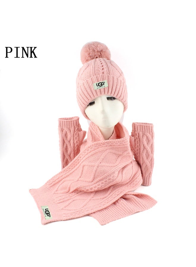UGG Pink Cable-Knit Winter Accessory Set (Beanie, Scarf, and Arm Warmers)