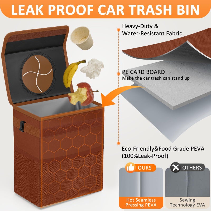 Vankor Car Trash Can, Brown, 2.2 Gallons Capacity, Waterproof, Polyester Material, Adjustable Strap, Hanging Design, Leakproof Lining, 100% PEVA Thickness - Image 3