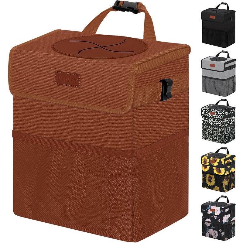 Vankor Car Trash Can, Brown, 2.2 Gallons Capacity, Waterproof, Polyester Material, Adjustable Strap, Hanging Design, Leakproof Lining, 100% PEVA Thickness - Image 1