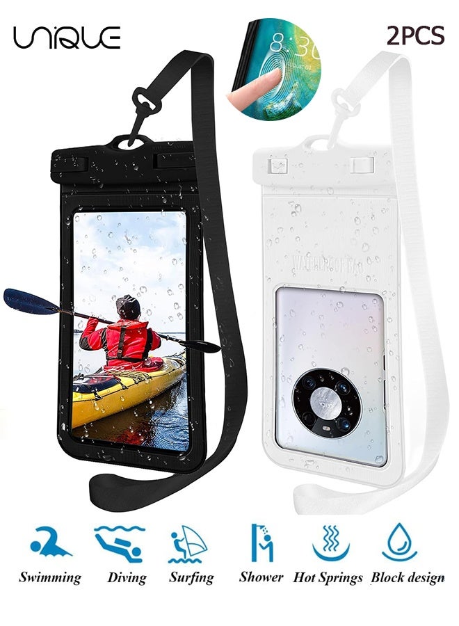 Unique 2 Pack IPX8 Water Proof Dry Bag Case - Neck Lanyard Underwater Universal Cell Phone Holder Large Protector for iPhone 16/15/14/13 Pro Max Plus etc (7.2 Inch) - Samsung Galaxy Huawei - Beach Pool Swimming Touchscreen Friendly Underwater Photography Dry Bag (White&Black) - Image 1