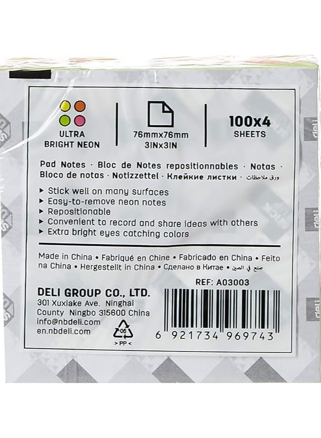 Deli A03003 Neon Sticky Notes Pad Multicolor 4 X 100 Sheets - Image 2