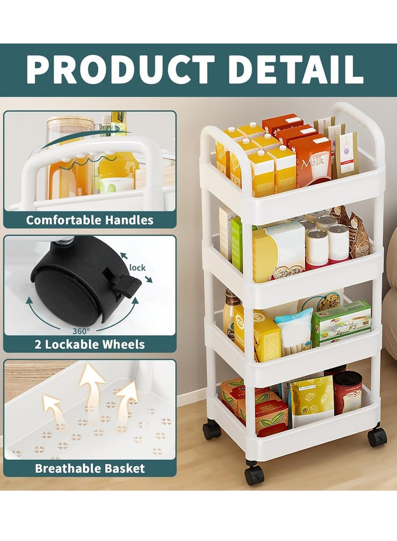 معرض الأعياد عربة تخزين بلاستيكية مكونة من 4 طبقات، رف حمام، عربة دوارة للفوضى، رف تخزين معزز بعجلات للمكتب وغرفة المعيشة والمطبخ والحمام، رفوف تخزين باللون الأبيض - Image 5