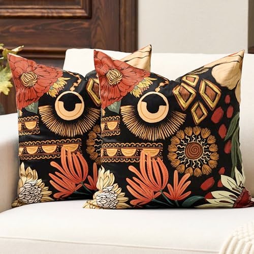 Tyrot Black Boho Floral Fall Velvet Throw Pillow Covers 18x18 Set of 2 Farmhouse Cushion Covers Mid Century Modern Botanical Home Decor Accent Pillow Cases for Couch Bed Sofa Living Room Bedroom - Image 1