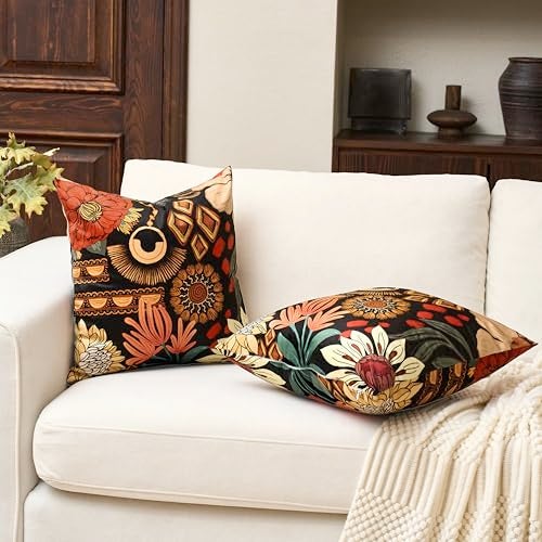 Tyrot Black Boho Floral Fall Velvet Throw Pillow Covers 18x18 Set of 2 Farmhouse Cushion Covers Mid Century Modern Botanical Home Decor Accent Pillow Cases for Couch Bed Sofa Living Room Bedroom - Image 3