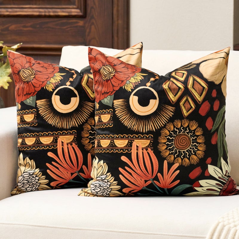 Tyrot Black Boho Floral Fall Velvet Throw Pillow Covers 18x18 Set of 2 Farmhouse Cushion Covers Mid Century Modern Botanical Home Decor Accent Pillow Cases for Couch Bed Sofa Living Room Bedroom - Image 2