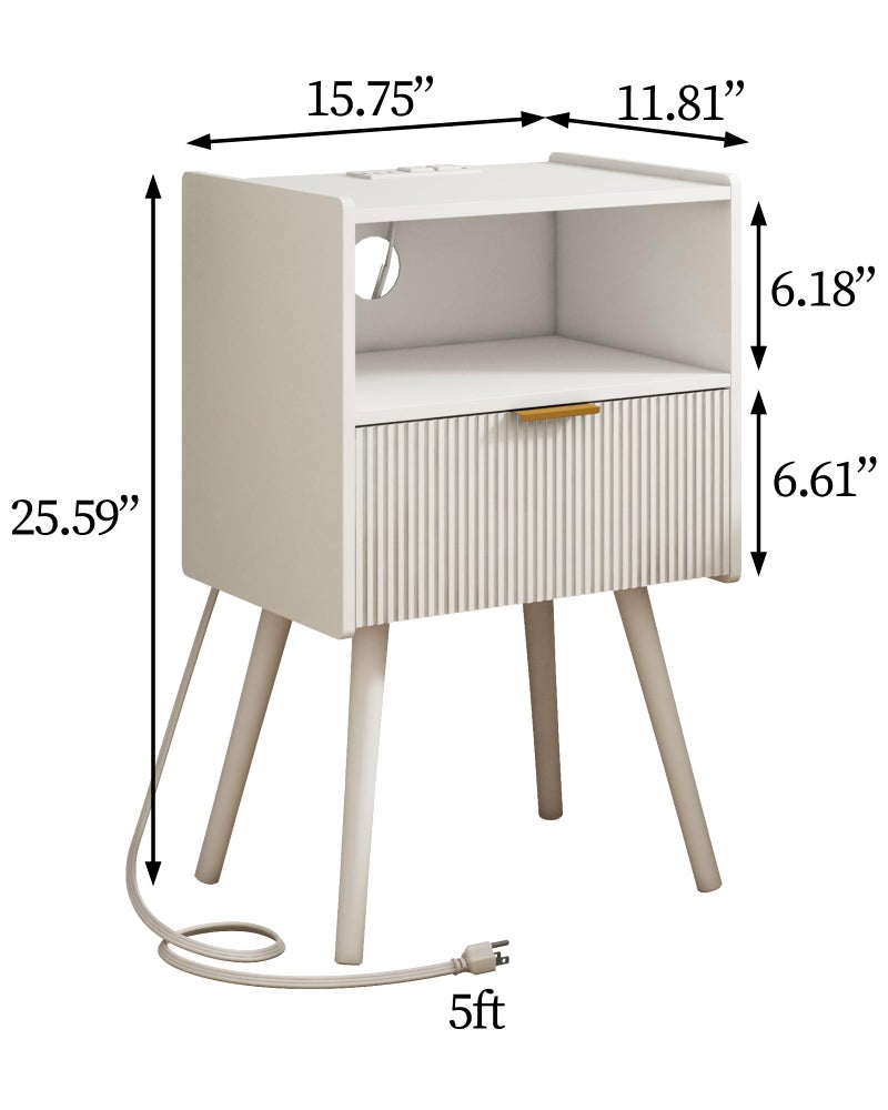 JOONEE White Nightstand with Outlet,Modern Bedside Table with Storage Drawer and Open Wood Shelf, for Living Room, Bedroom and Small Spaces, Accent Night Stand with Solid Wood Legs, Easy Assembly - Image 2