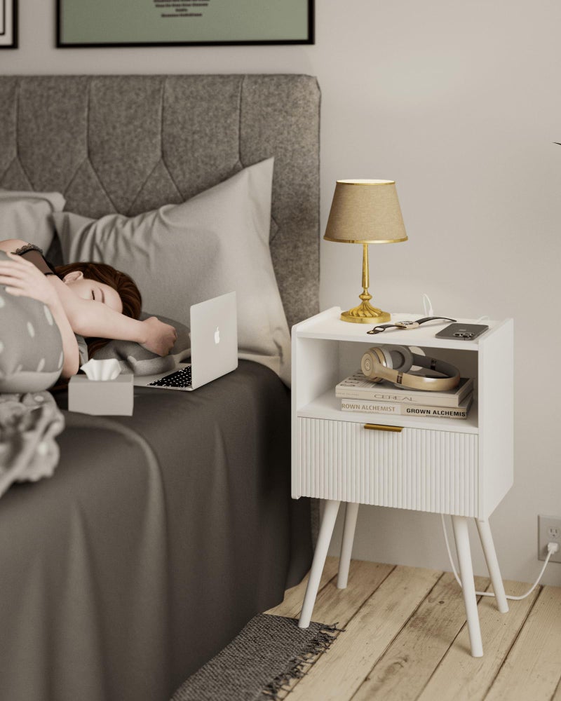 JOONEE White Nightstand with Outlet,Modern Bedside Table with Storage Drawer and Open Wood Shelf, for Living Room, Bedroom and Small Spaces, Accent Night Stand with Solid Wood Legs, Easy Assembly - Image 3