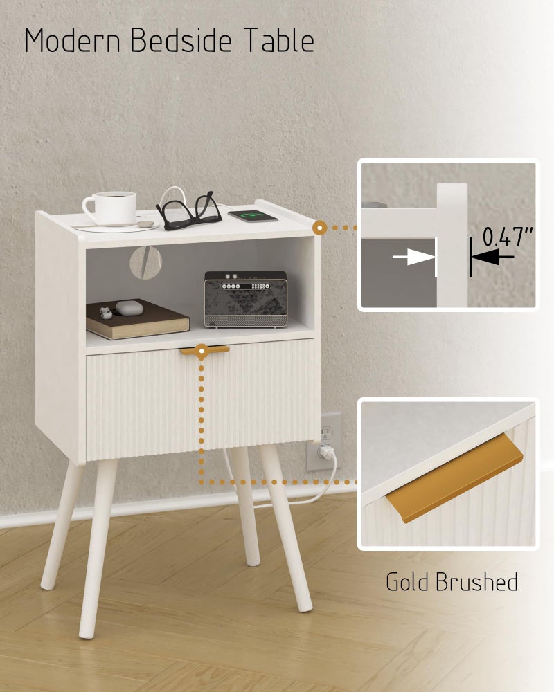 JOONEE White Nightstand with Outlet,Modern Bedside Table with Storage Drawer and Open Wood Shelf, for Living Room, Bedroom and Small Spaces, Accent Night Stand with Solid Wood Legs, Easy Assembly - Image 5