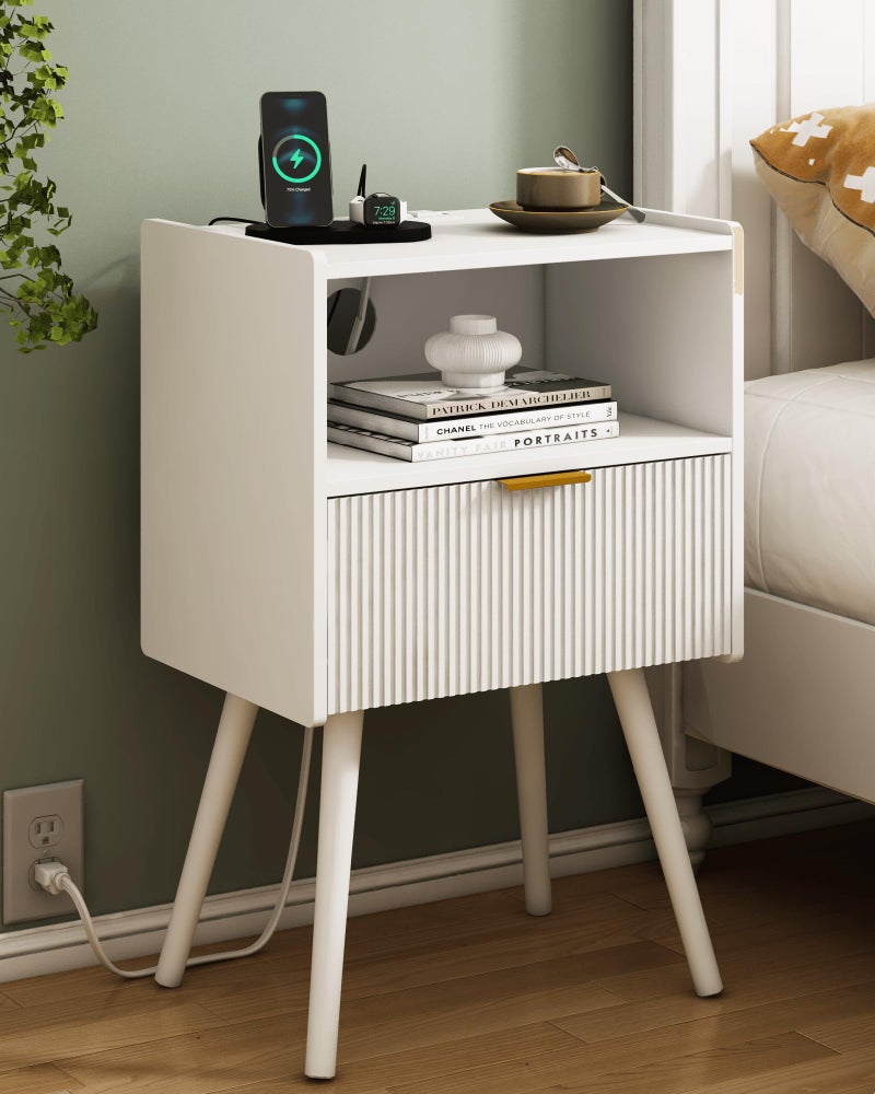 JOONEE White Nightstand with Outlet,Modern Bedside Table with Storage Drawer and Open Wood Shelf, for Living Room, Bedroom and Small Spaces, Accent Night Stand with Solid Wood Legs, Easy Assembly - Image 1