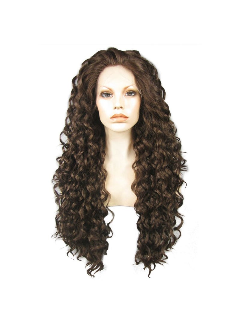 Ebingoo Ebingoo  Hair Cap Long Brown Wig for Women Brown Lace Front Wig Dark Long Curly Brown Synthetic Wig Widow Peak Caramel Hair Wig for Black Women Girls Daily Wear 