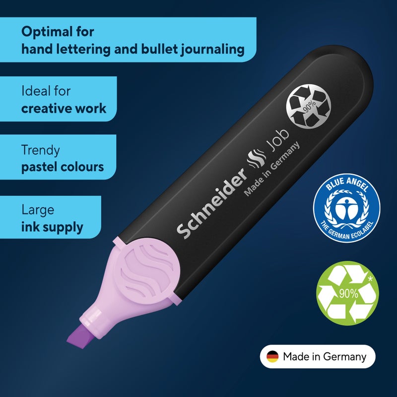 Schneider Job Highlighter Pastel, Chisel Tip, 1 + 5 mm, Black Barrel, Assorted Ink Colors, Pack of 6 Highlighters: Turquoise, Mint, Vanilla, Peach, Lavender, Light Pink (115097) - Image 2