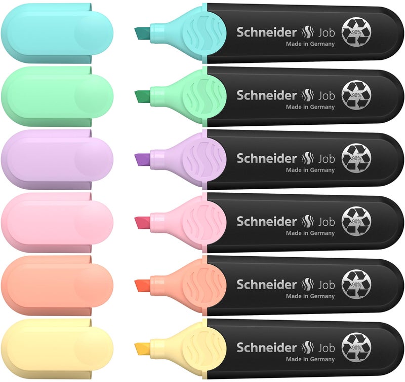 Schneider Job Highlighter Pastel, Chisel Tip, 1 + 5 mm, Black Barrel, Assorted Ink Colors, Pack of 6 Highlighters: Turquoise, Mint, Vanilla, Peach, Lavender, Light Pink (115097) - Image 1