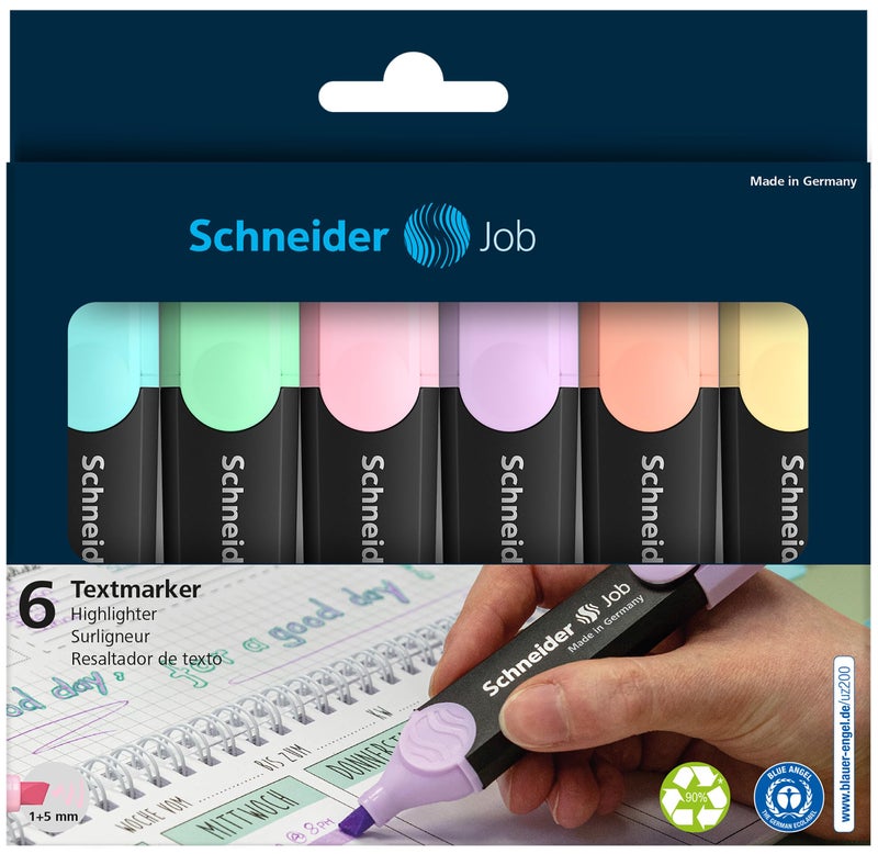 Schneider Job Highlighter Pastel, Chisel Tip, 1 + 5 mm, Black Barrel, Assorted Ink Colors, Pack of 6 Highlighters: Turquoise, Mint, Vanilla, Peach, Lavender, Light Pink (115097) - Image 4