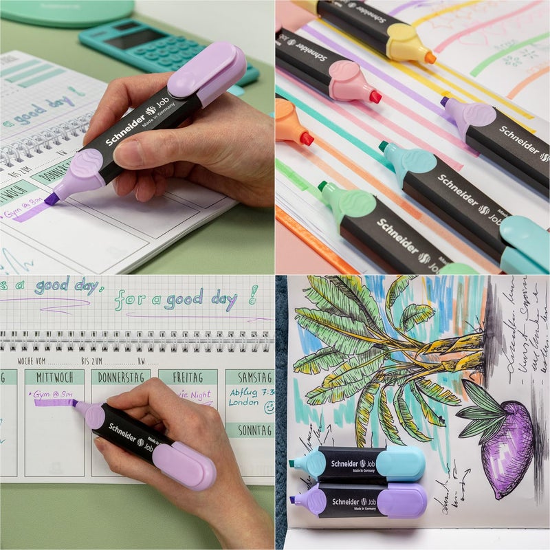 Schneider Job Highlighter Pastel, Chisel Tip, 1 + 5 mm, Black Barrel, Assorted Ink Colors, Pack of 6 Highlighters: Turquoise, Mint, Vanilla, Peach, Lavender, Light Pink (115097) - Image 3