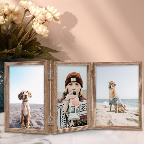 TOFOREVO 4x6 3 Picture Frame Triple Wooden Three Hinged Photo Frame Definition Glass Stand Vertically on Desktop or Tabletop - Image 5