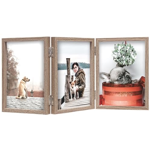 TOFOREVO 4x6 3 Picture Frame Triple Wooden Three Hinged Photo Frame Definition Glass Stand Vertically on Desktop or Tabletop - Image 1