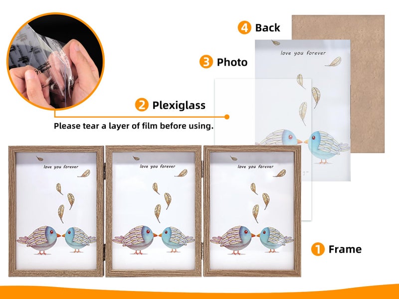 TOFOREVO 4x6 3 Picture Frame Triple Wooden Three Hinged Photo Frame Definition Glass Stand Vertically on Desktop or Tabletop - Image 3