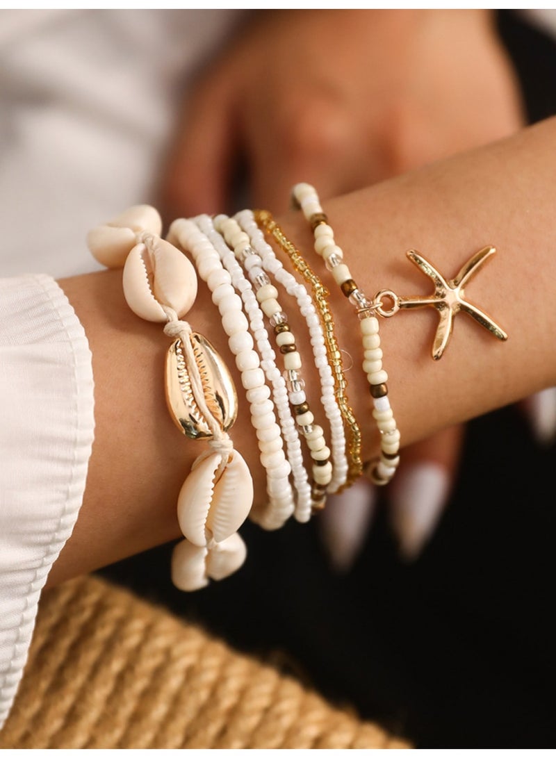 7 Pieces Bohemian Beaded Bracelets With Shell Pearl And Starfish Charms For Women Summer Beach - Image 1
