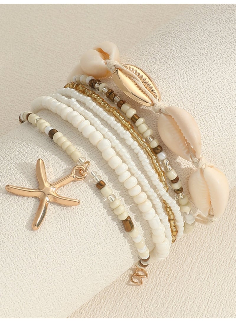 7 Pieces Bohemian Beaded Bracelets With Shell Pearl And Starfish Charms For Women Summer Beach - Image 2