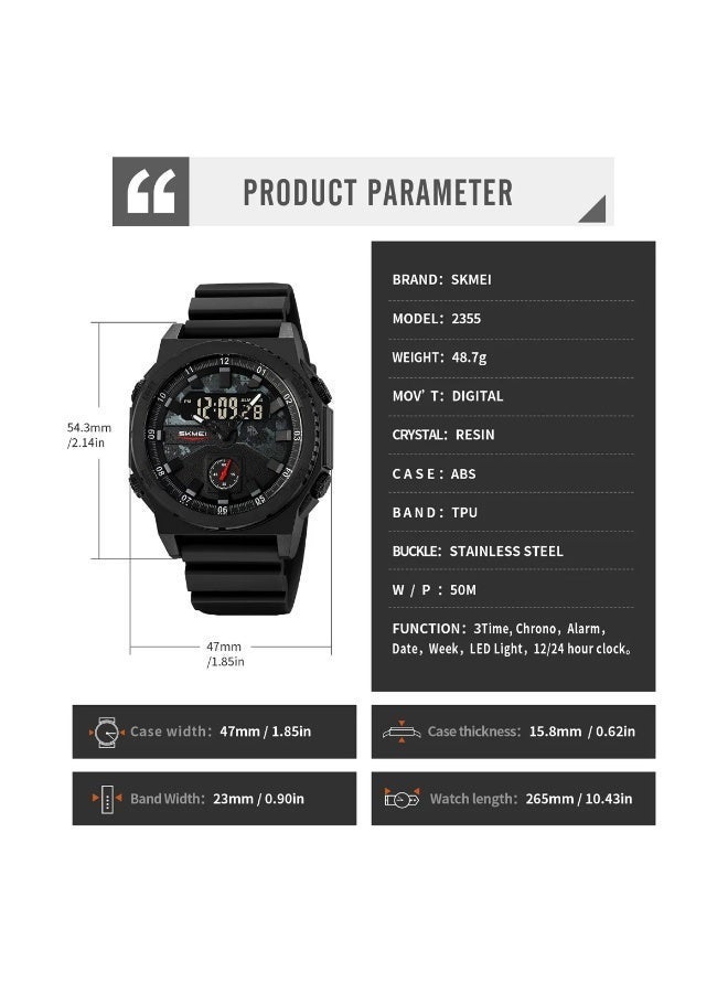 SKMEI 2355 Rugged Men’s Sports Watch – Dual Time, Water Resistant, Stopwatch, Backlight, Black - Image 4