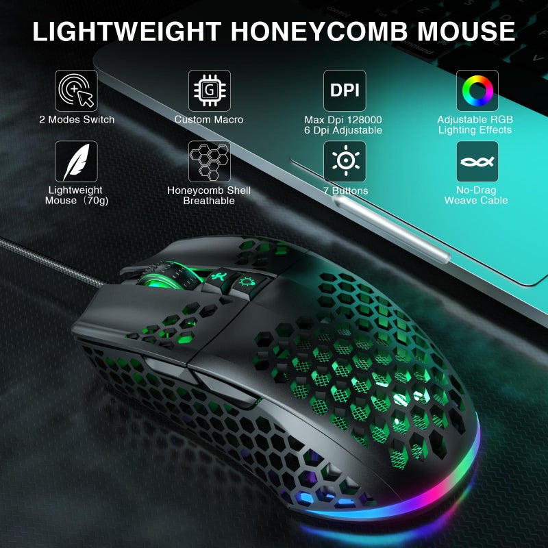 SOLAKAKA SM900 Gaming Mouse Wired with RGB,Honeycomb Shell,12800 DPI Wired Gaming Mouse with Buttons,Computer Mouse for Laptop/PC,Black - Image 2
