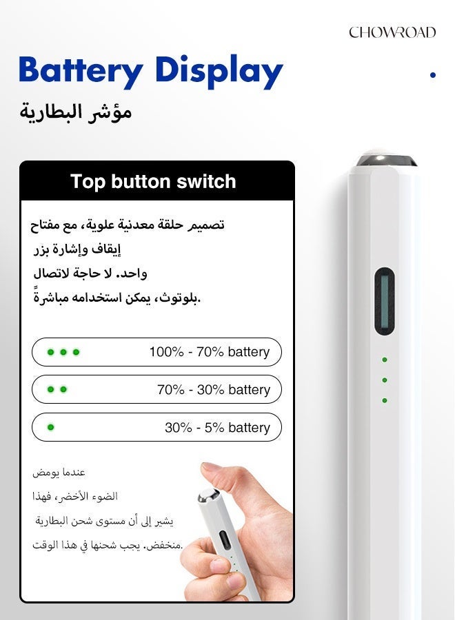 تشورود قلم لمس ذكي للآيباد - ميزات: شحن فائق السرعة لمدة 15 دقيقة، ووظيفة مقاومة الانزلاق، عمر بطارية طويل، متوافق مع قلم أبل (النماذج 2018-2026)، يدعم آيباد برو من أبل بحجم 11/12.9 بوصة، وآيباد من الجيل 10/9/8/7/6، وآيباد إير من الجيل 5/4/3، وآيباد ميني من الجيل 6/5. يتضمن 2 قلم احتياطي / حافظة واقية بيضاء واحدة (بيضاء) - Image 4